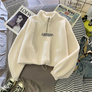 Women's Hoodie Lamb Wool Short Half High Collar Sweatshirt Velvet Thick Loose Ladies Sweater Korean Style Fall Winter Zipper